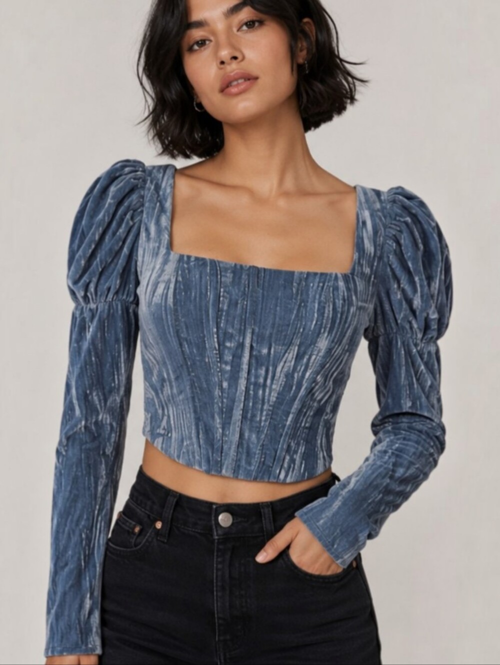 WAYF Avalon Puff Sleeve Velvet Bustier Corset Slate Blue Top NWT XS